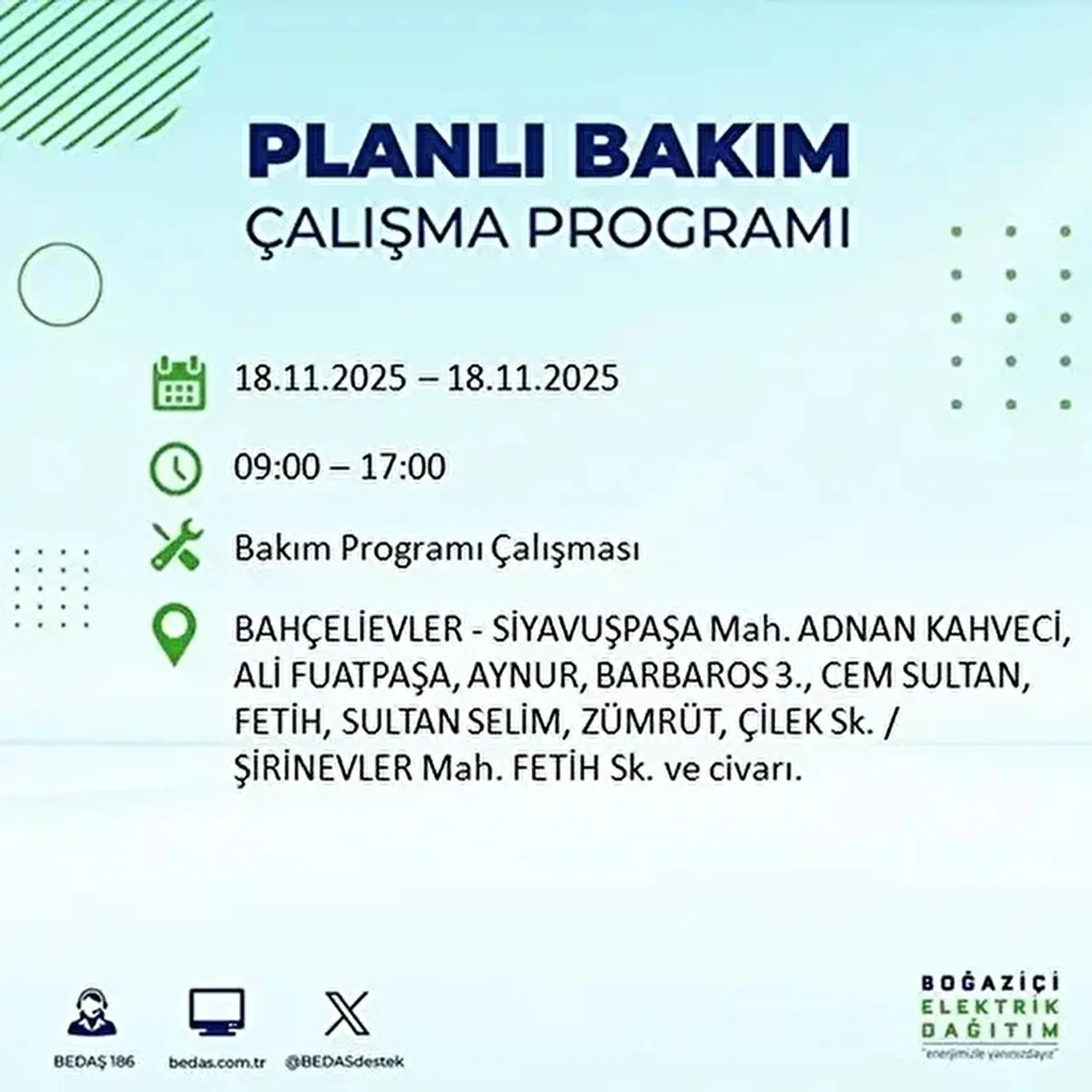 18 kasim istanbul elektrik kesintisi 2025