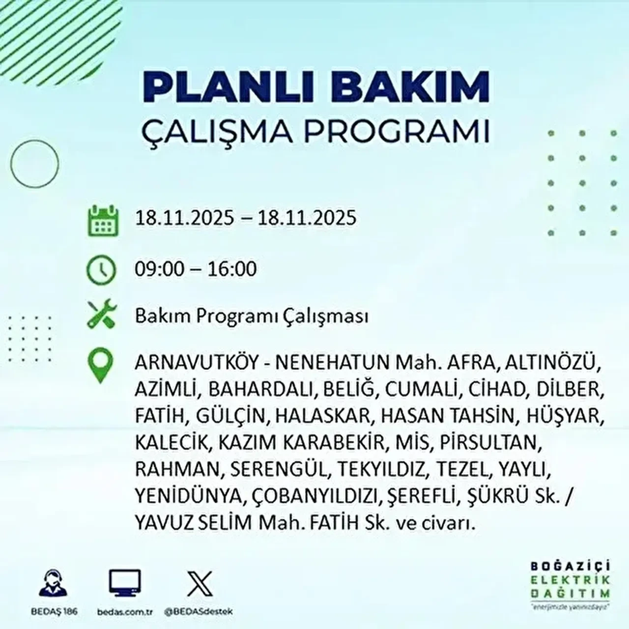 18 kasim istanbul elektrik kesintisi 2025