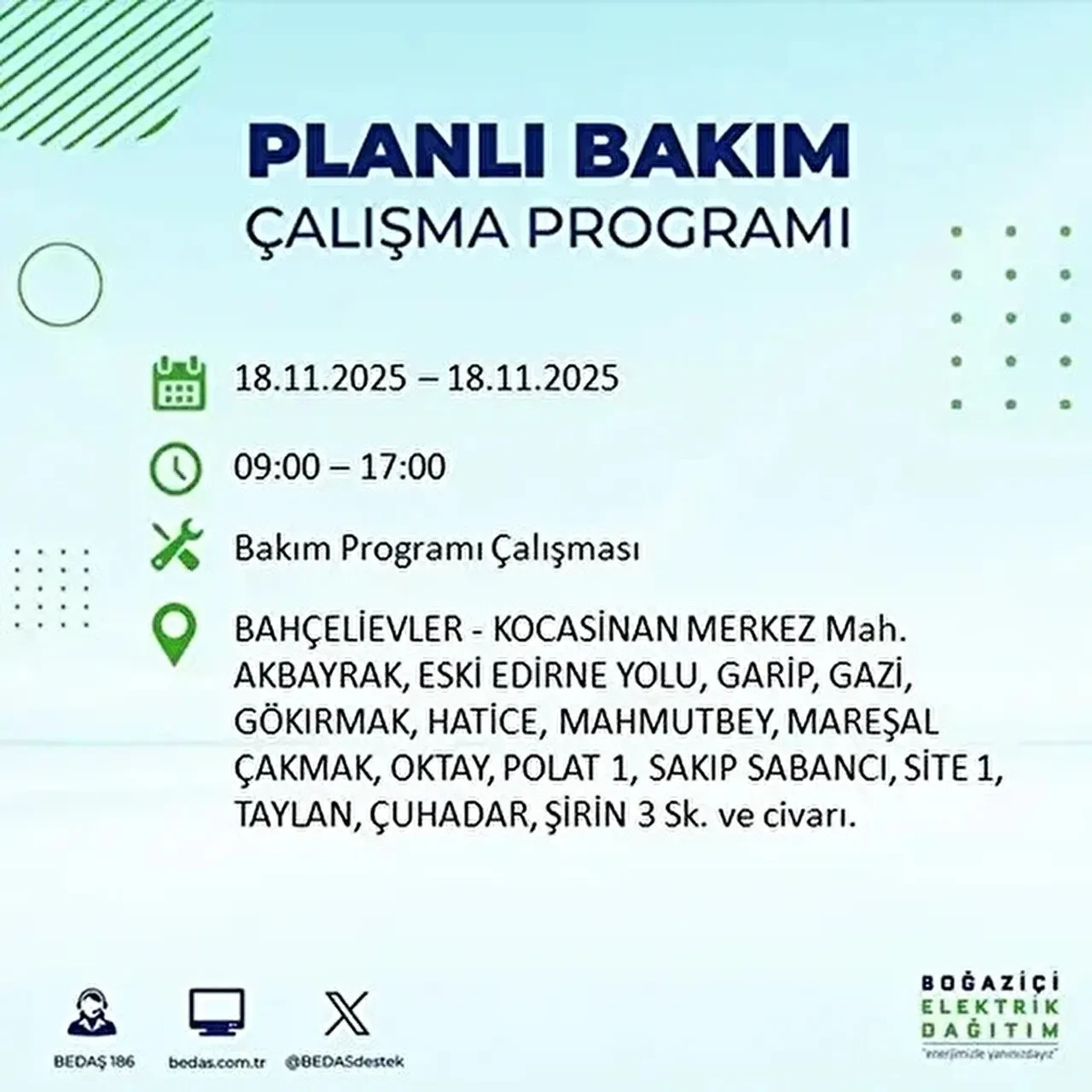 18 kasim istanbul elektrik kesintisi 2025