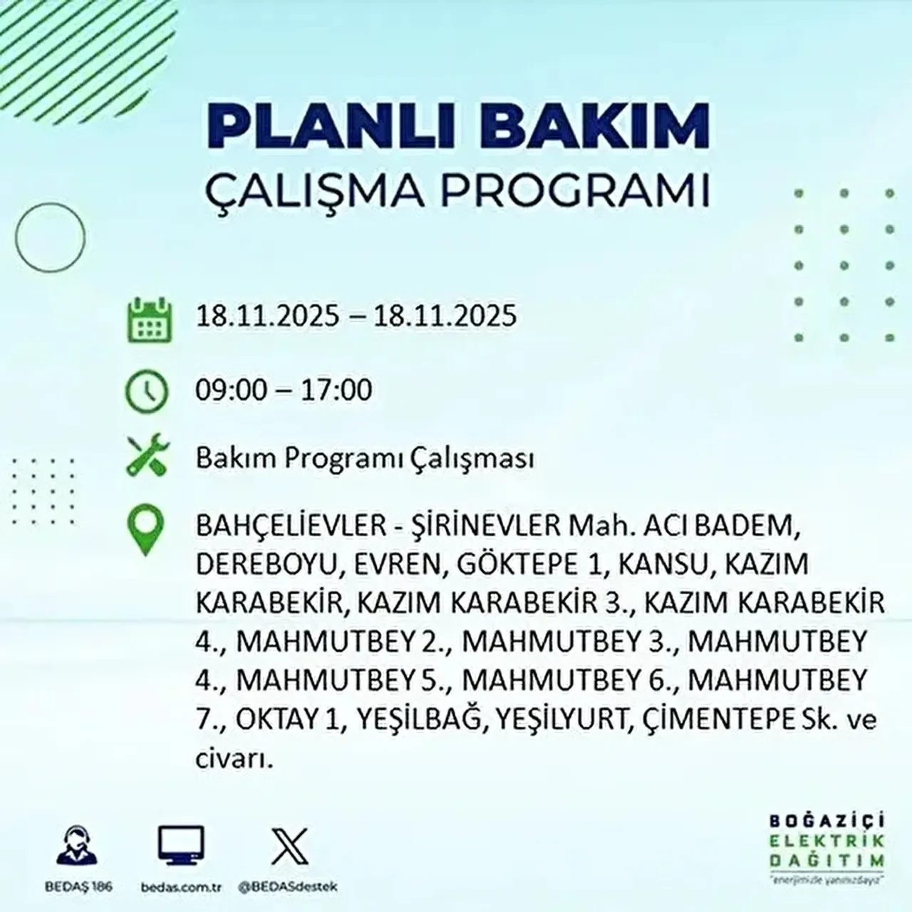 18 kasim istanbul elektrik kesintisi 2025