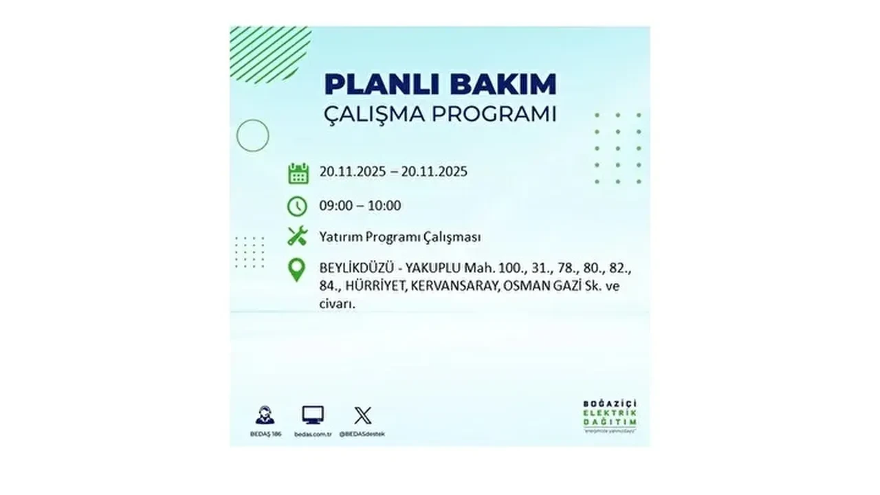 20 kasim 2025 istanbul elektrik kesintisi