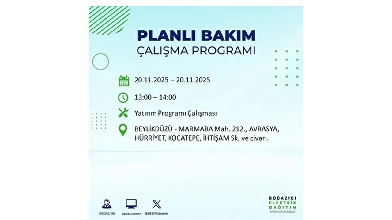 20 kasim 2025 istanbul elektrik kesintisi