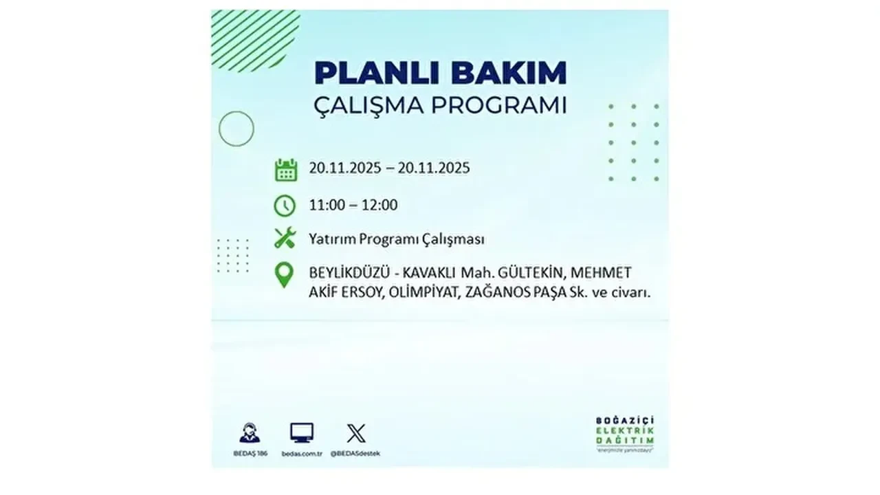 20 kasim 2025 istanbul elektrik kesintisi