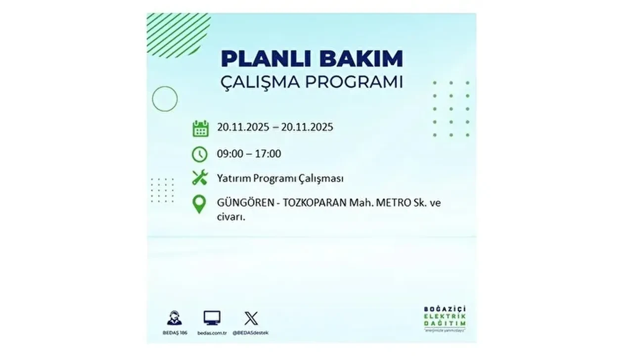 20 kasim 2025 istanbul elektrik kesintisi
