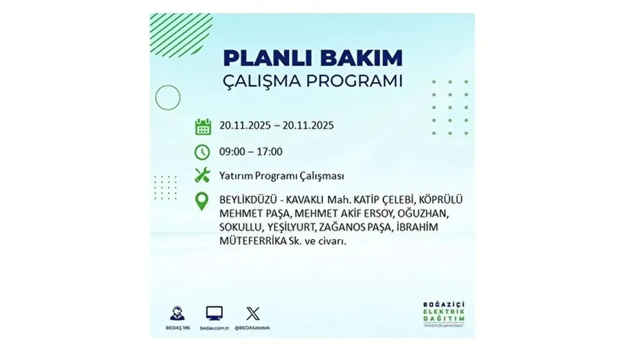 20 kasim 2025 istanbul elektrik kesintisi