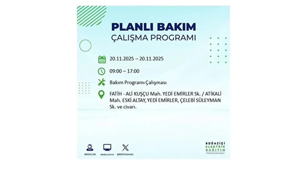 20 kasim 2025 istanbul elektrik kesintisi