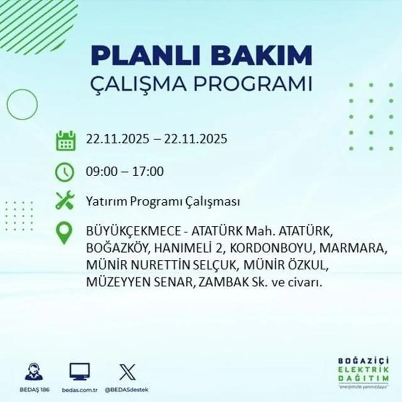 22 kasim istanbul elektrik kesintisi 2025