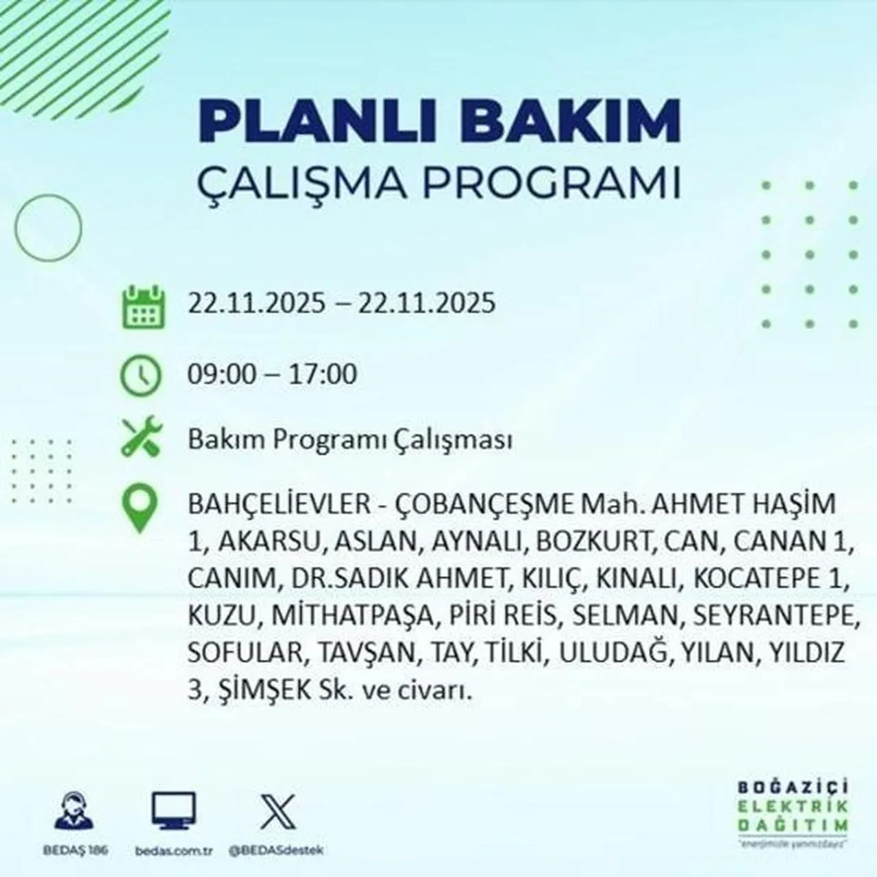 22 kasim istanbul elektrik kesintisi 2025