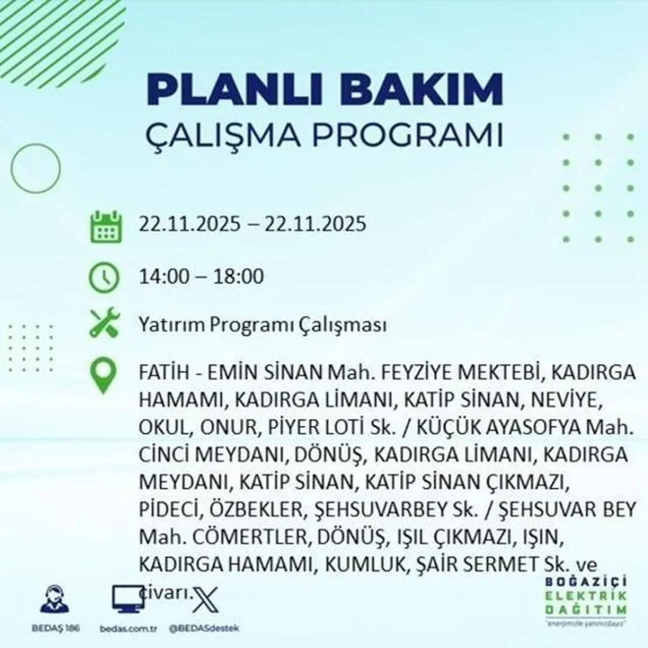 22 kasim istanbul elektrik kesintisi 2025