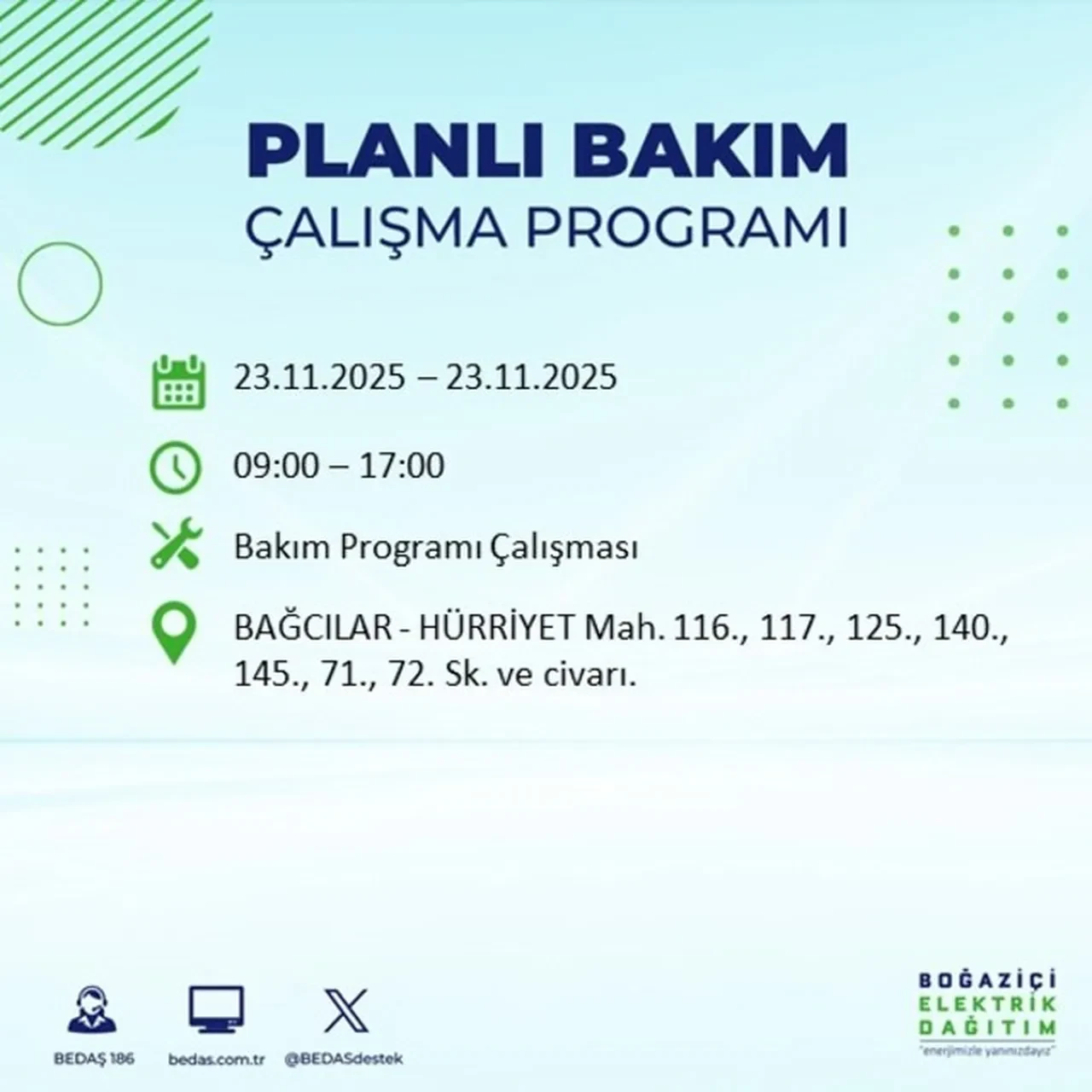23 kasim 2025 istanbul elektrik kesintisi BEDAŞ