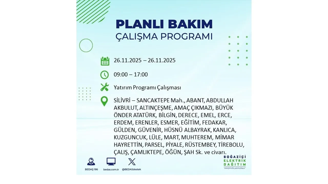26 kasim 2025 istanbul elektrik kesintisi 