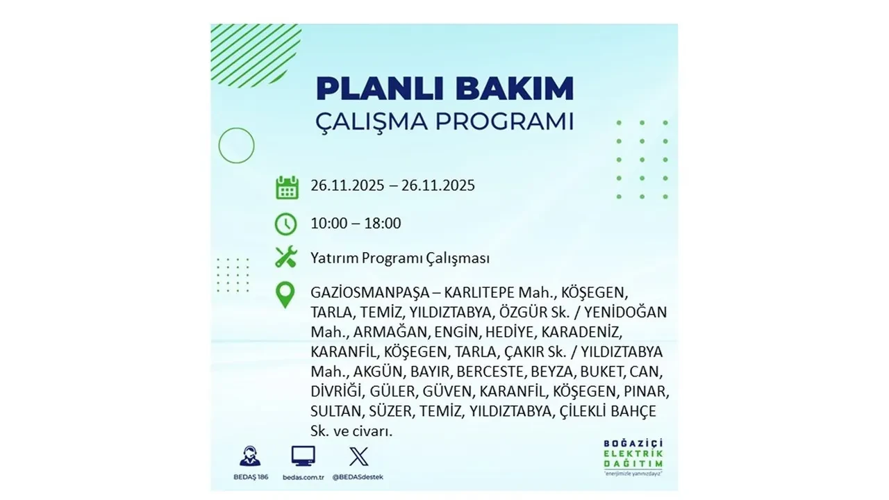 26 kasim 2025 istanbul elektrik kesintisi 