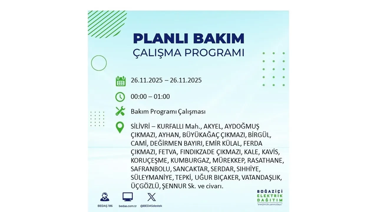 26 kasim 2025 istanbul elektrik kesintisi 