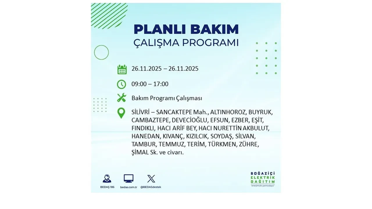 26 kasim 2025 istanbul elektrik kesintisi 