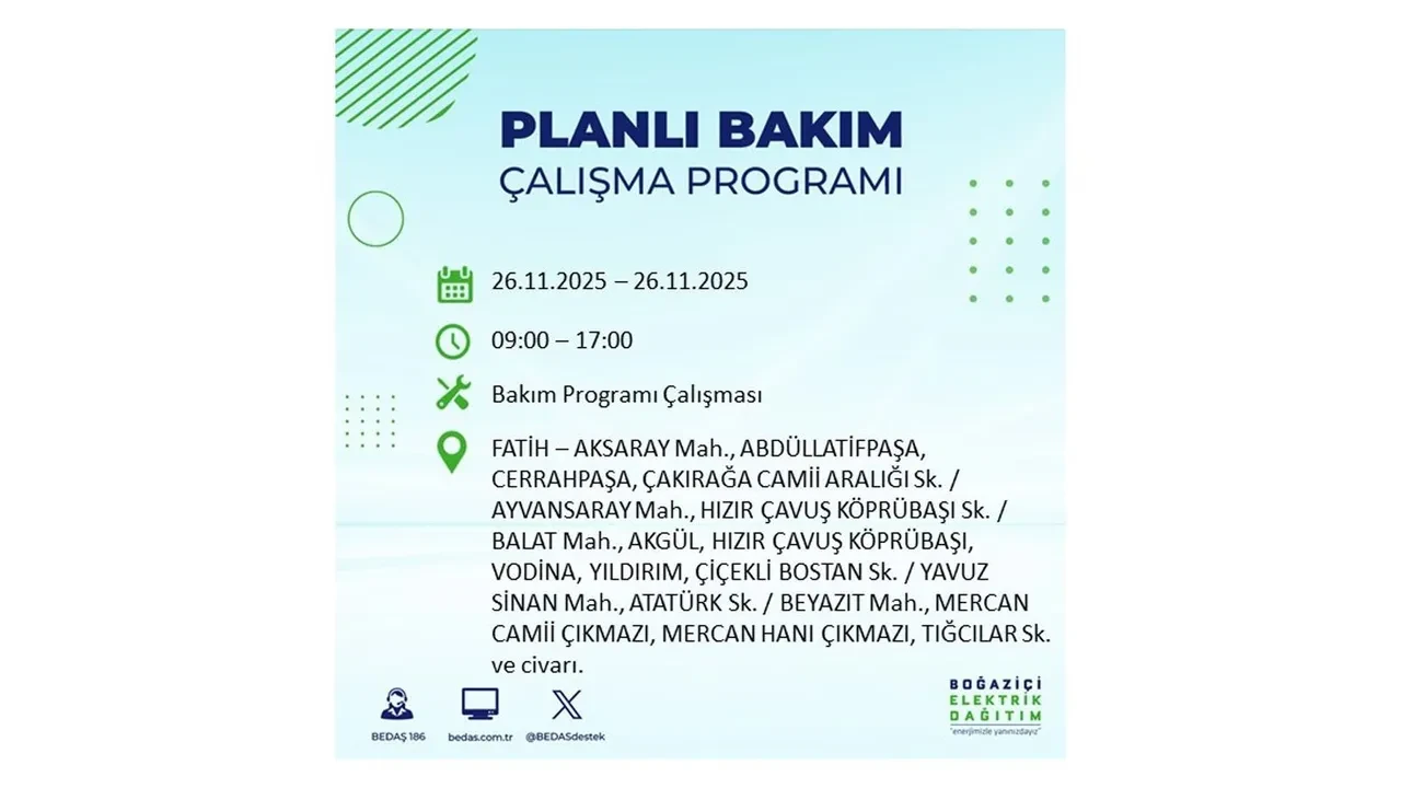 26 kasim 2025 istanbul elektrik kesintisi 