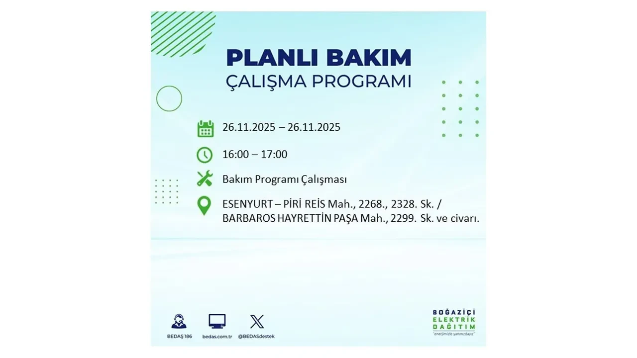 26 kasim 2025 istanbul elektrik kesintisi 