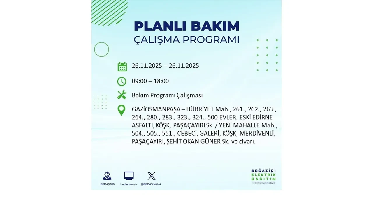 26 kasim 2025 istanbul elektrik kesintisi 