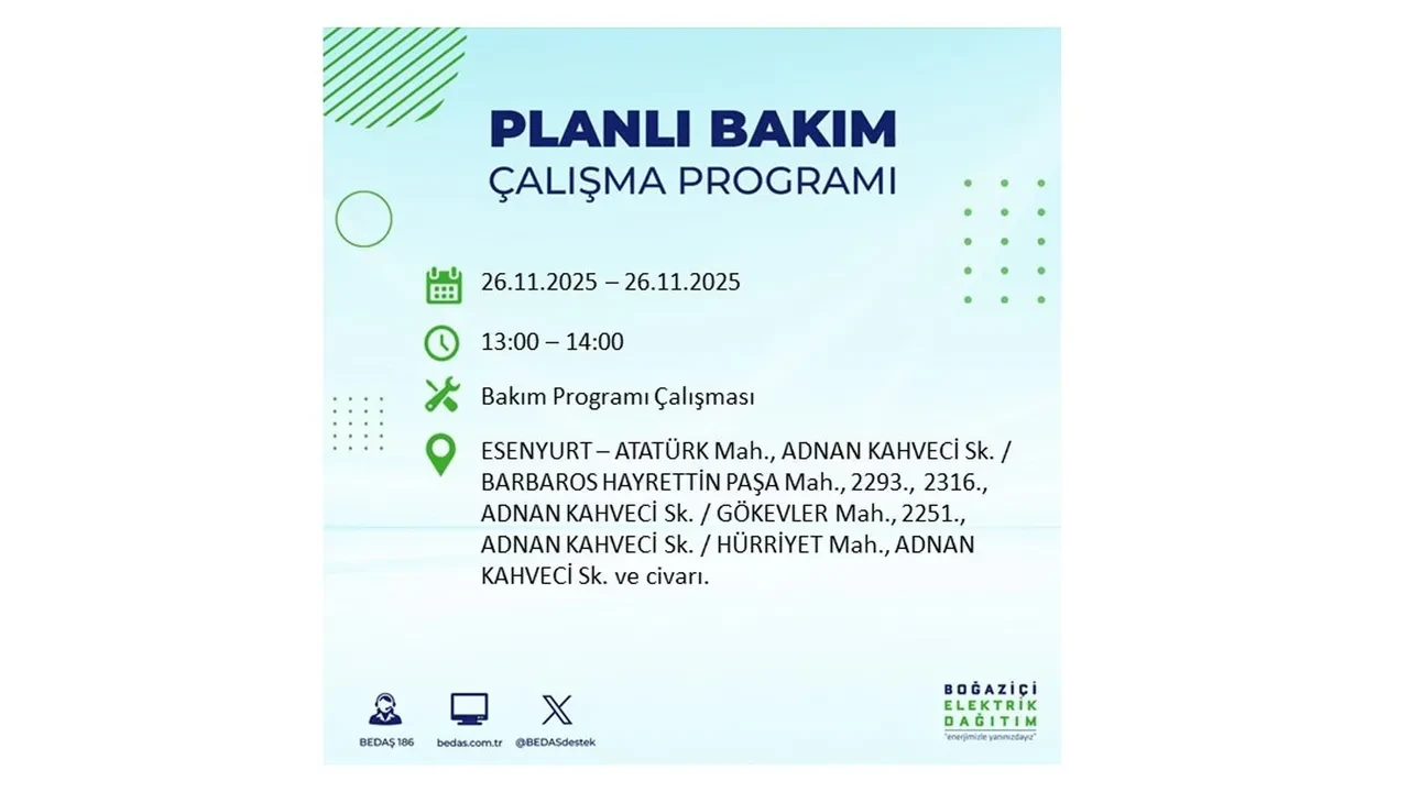 26 kasim 2025 istanbul elektrik kesintisi 