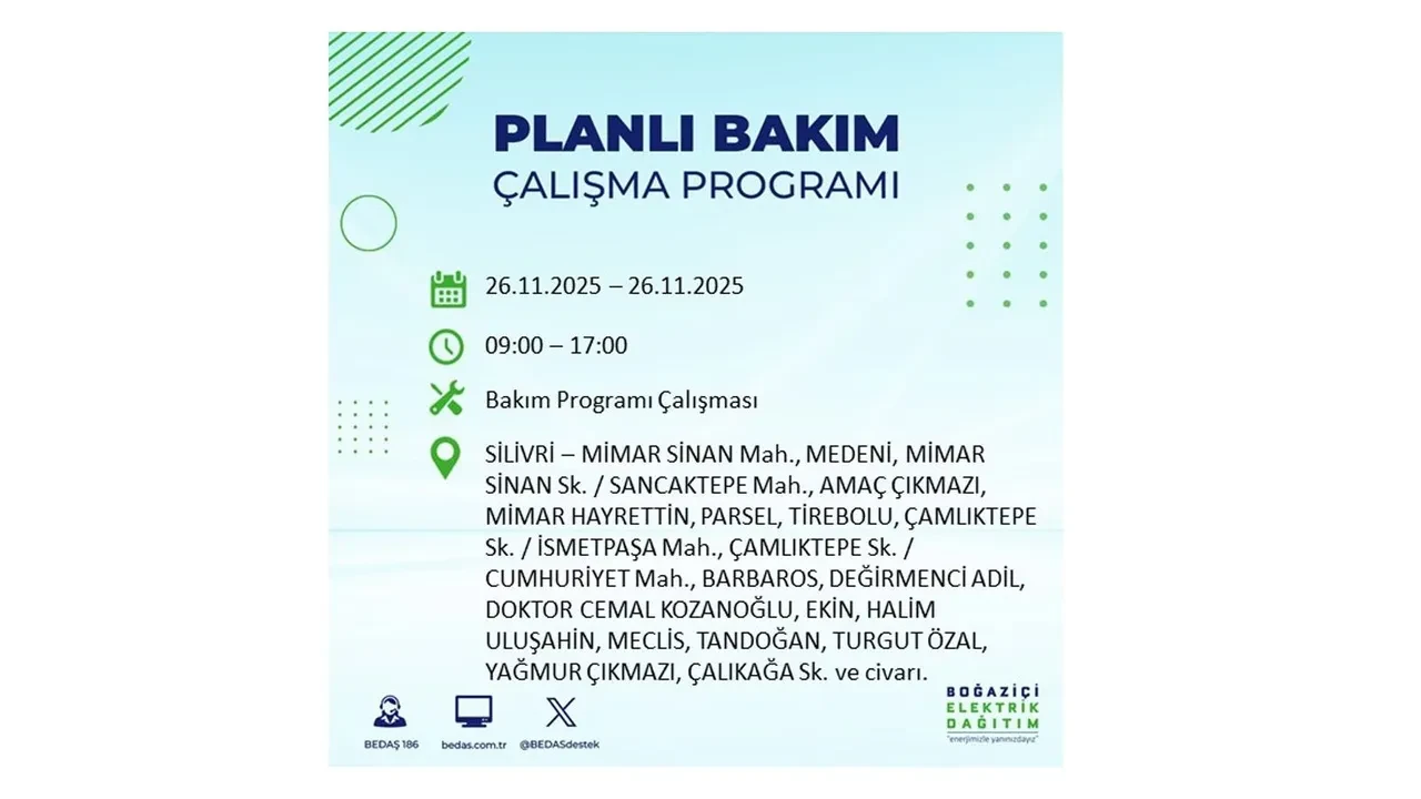 26 kasim 2025 istanbul elektrik kesintisi 