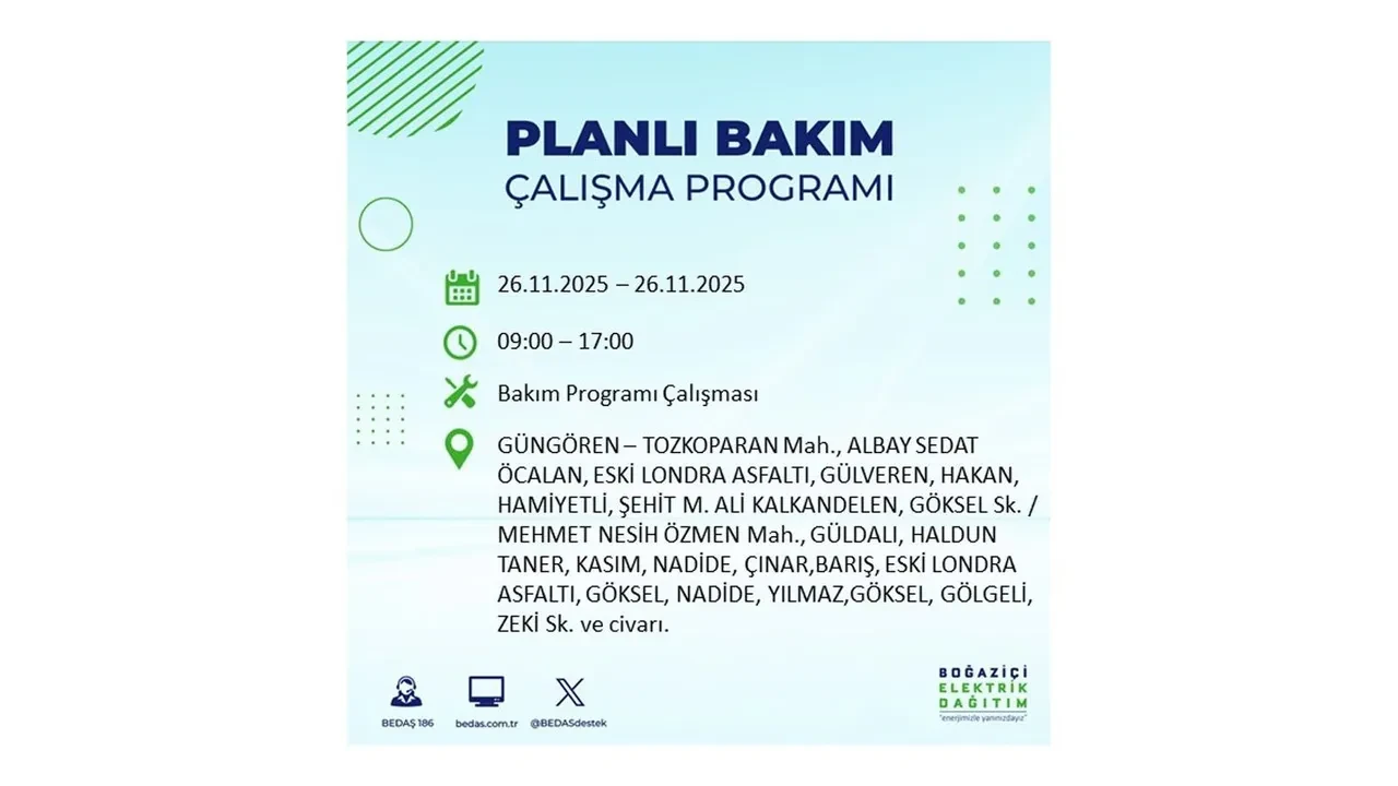26 kasim 2025 istanbul elektrik kesintisi 