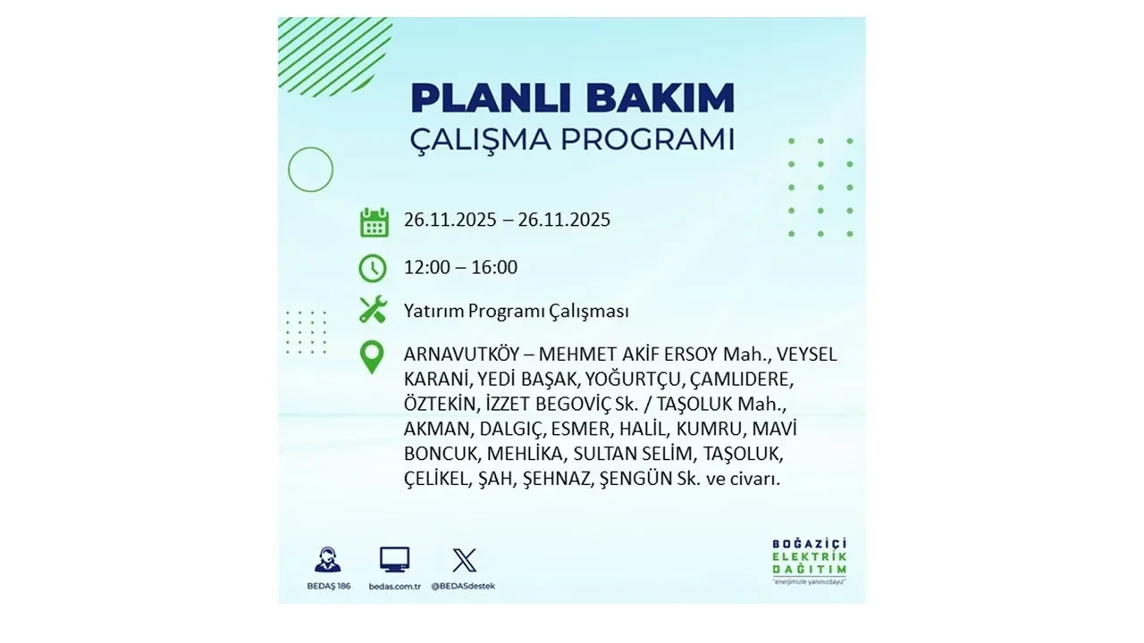 26 kasim 2025 istanbul elektrik kesintisi 