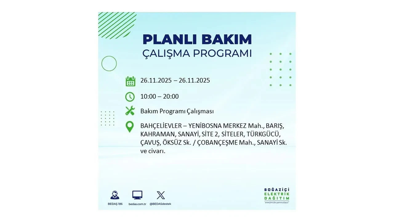 26 kasim 2025 istanbul elektrik kesintisi 