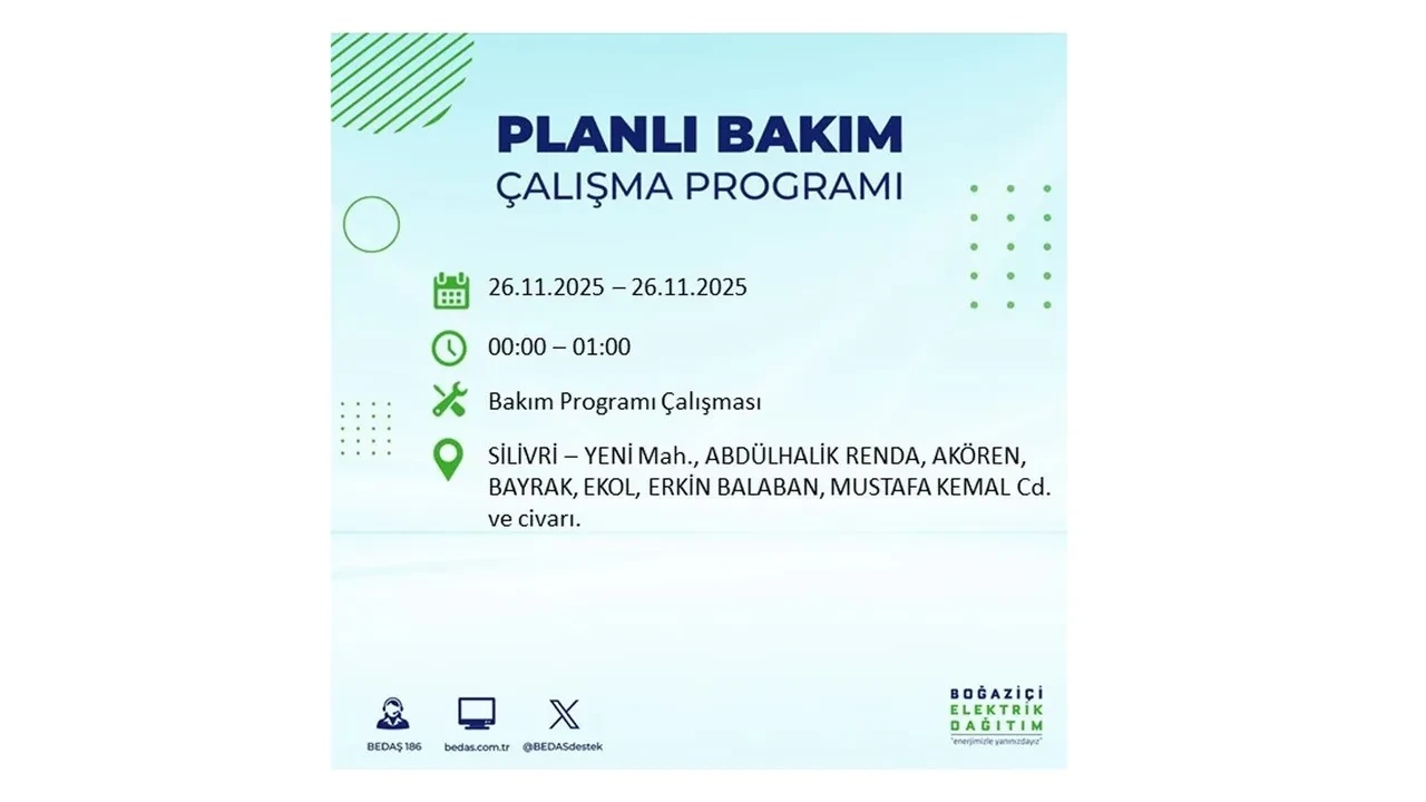 26 kasim 2025 istanbul elektrik kesintisi 