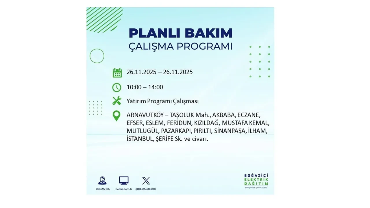 26 kasim 2025 istanbul elektrik kesintisi 