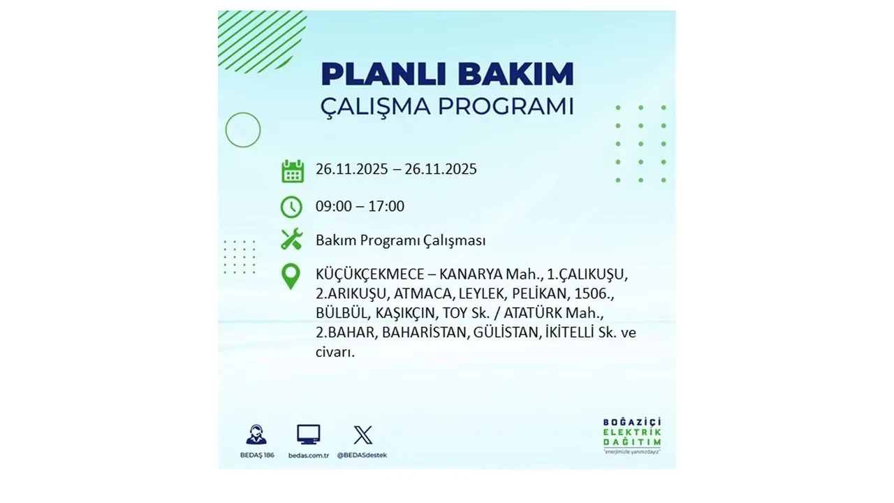 26 kasim 2025 istanbul elektrik kesintisi 