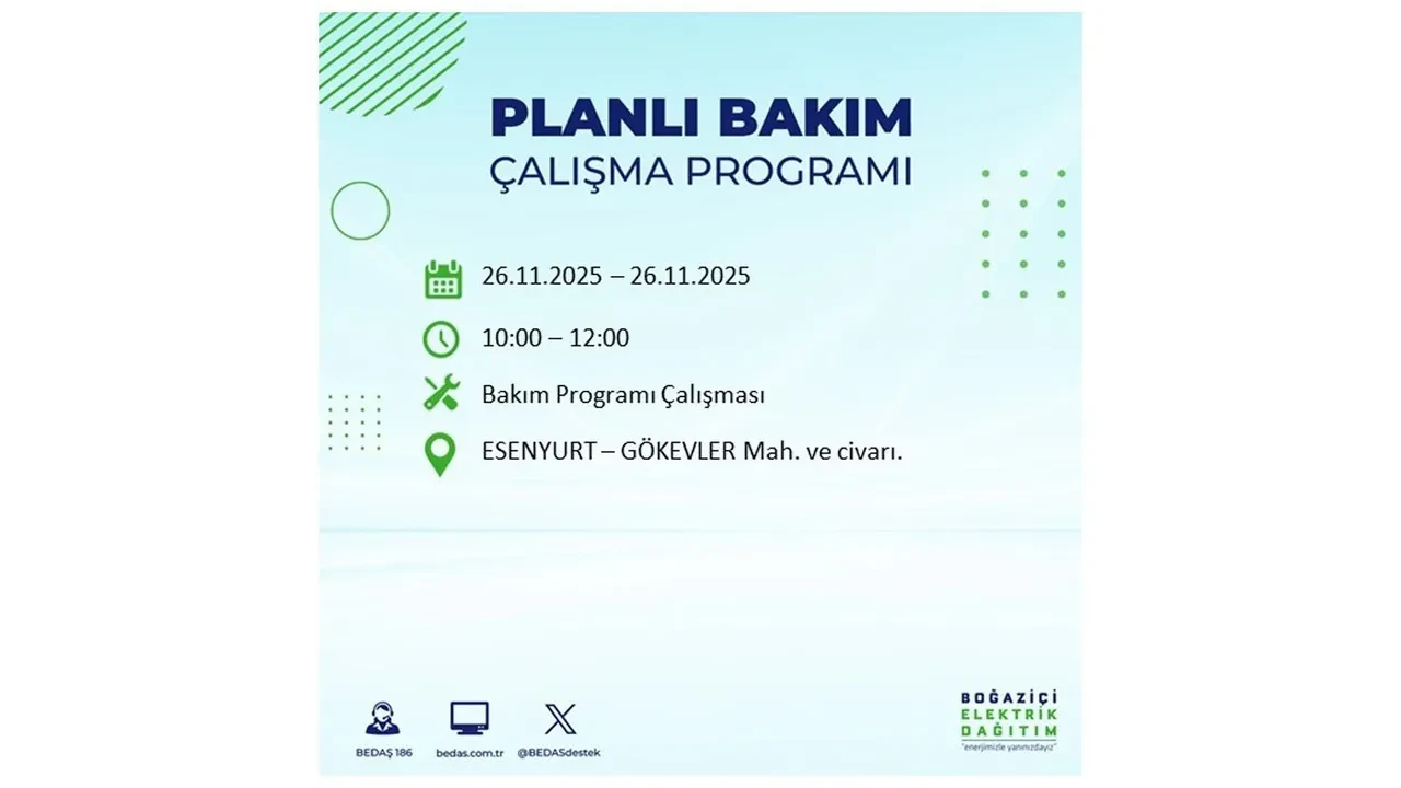 26 kasim 2025 istanbul elektrik kesintisi 