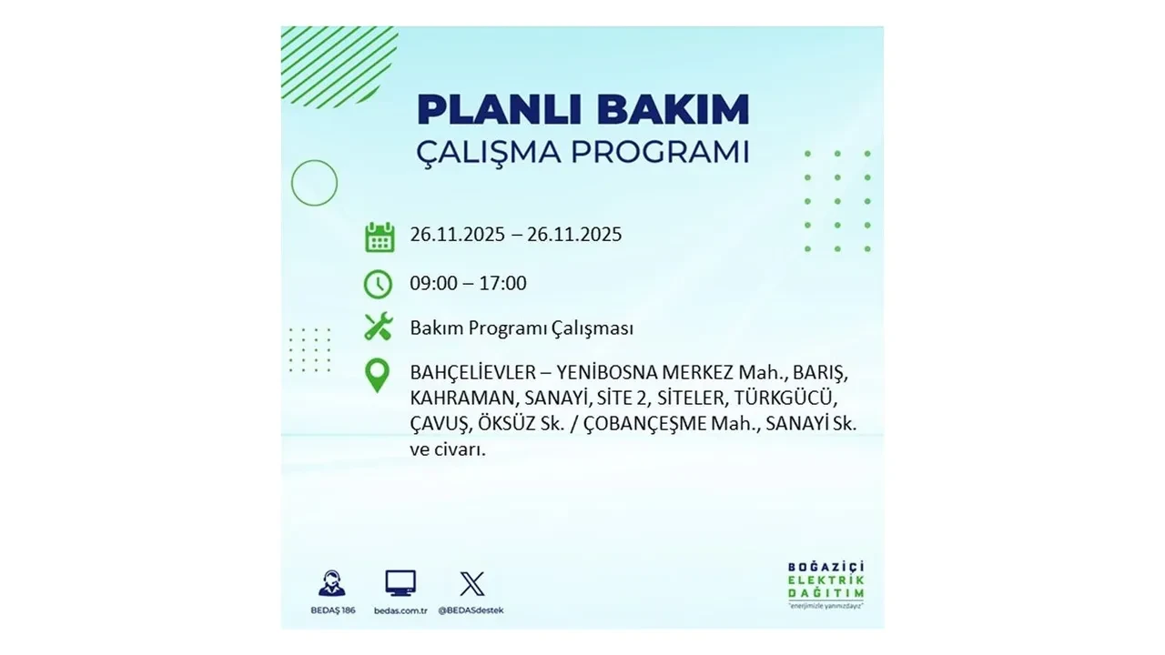 26 kasim 2025 istanbul elektrik kesintisi 