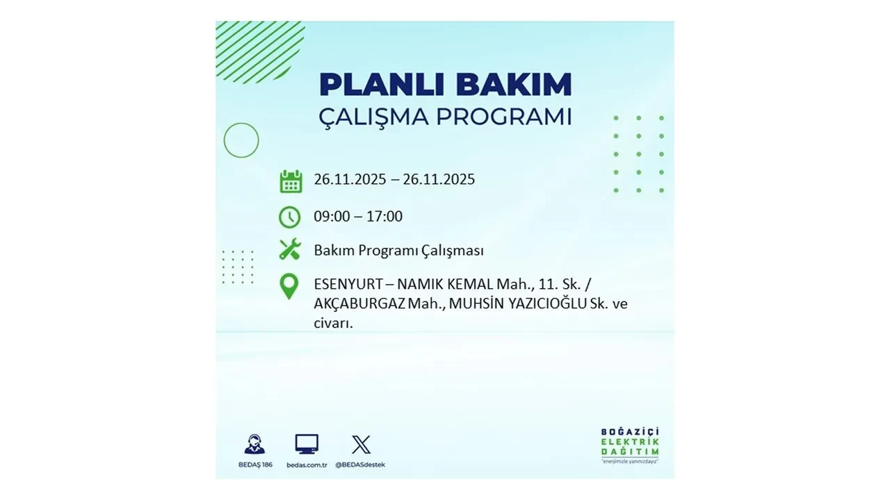 26 kasim 2025 istanbul elektrik kesintisi 