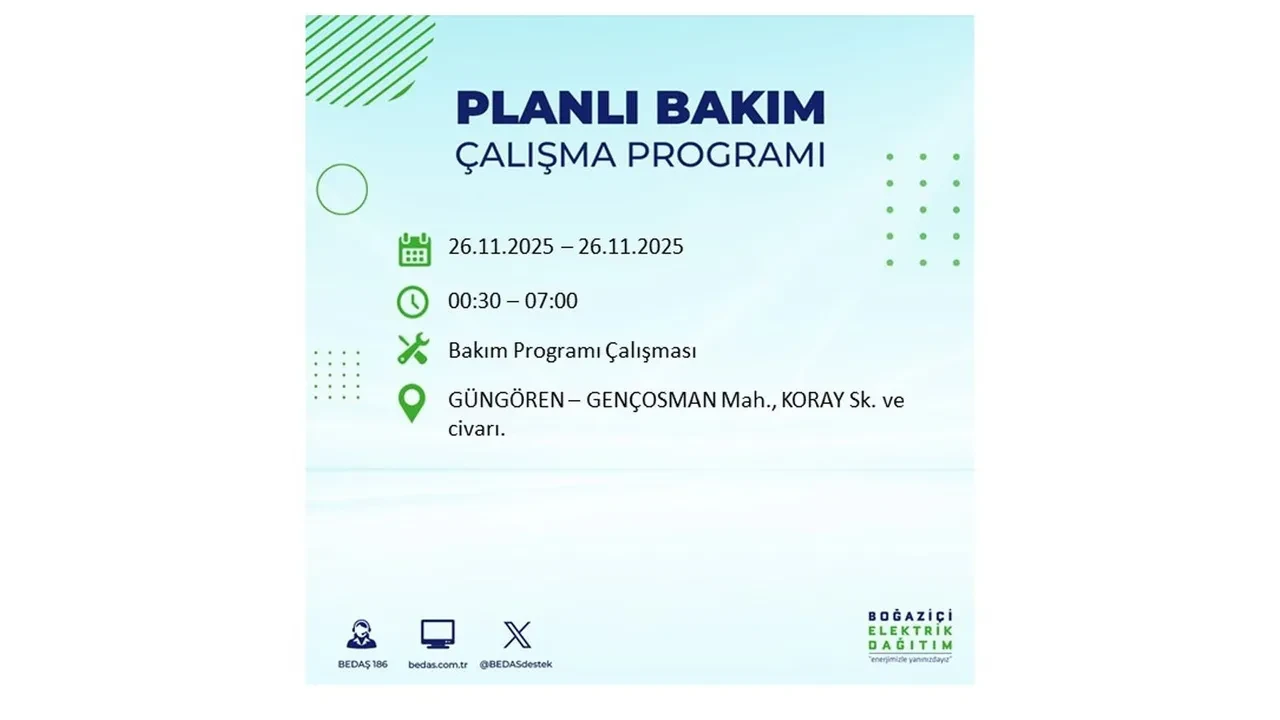 26 kasim 2025 istanbul elektrik kesintisi 