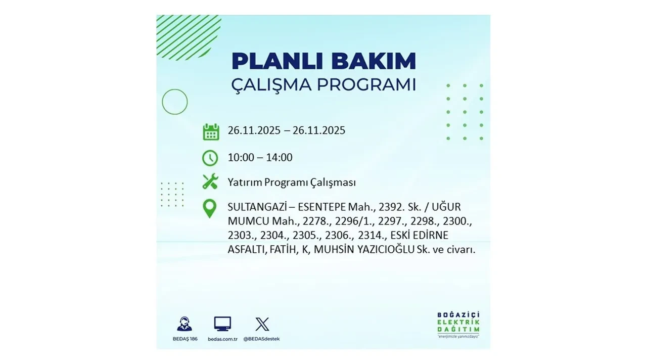 26 kasim 2025 istanbul elektrik kesintisi 