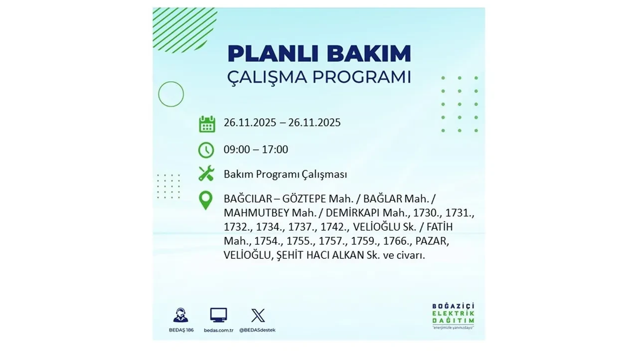 26 kasim 2025 istanbul elektrik kesintisi 