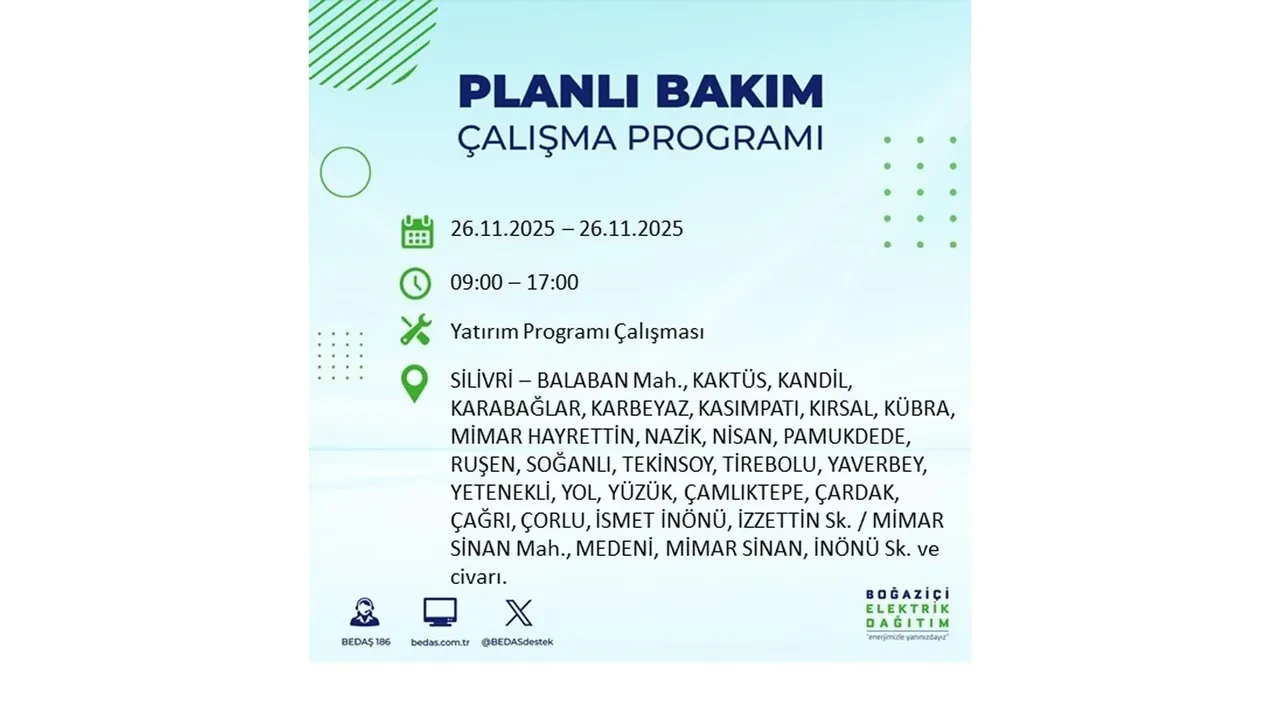 26 kasim 2025 istanbul elektrik kesintisi 