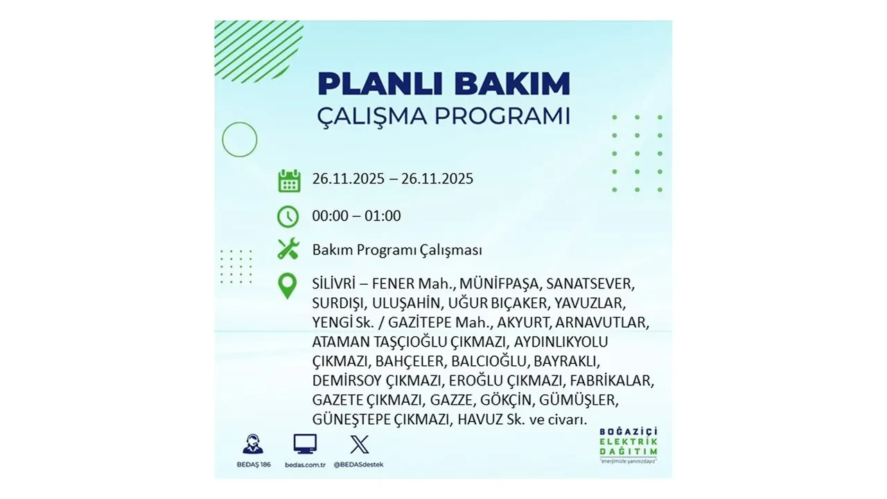 26 kasim 2025 istanbul elektrik kesintisi 