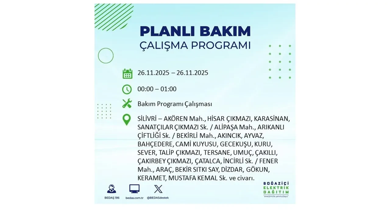 26 kasim 2025 istanbul elektrik kesintisi 