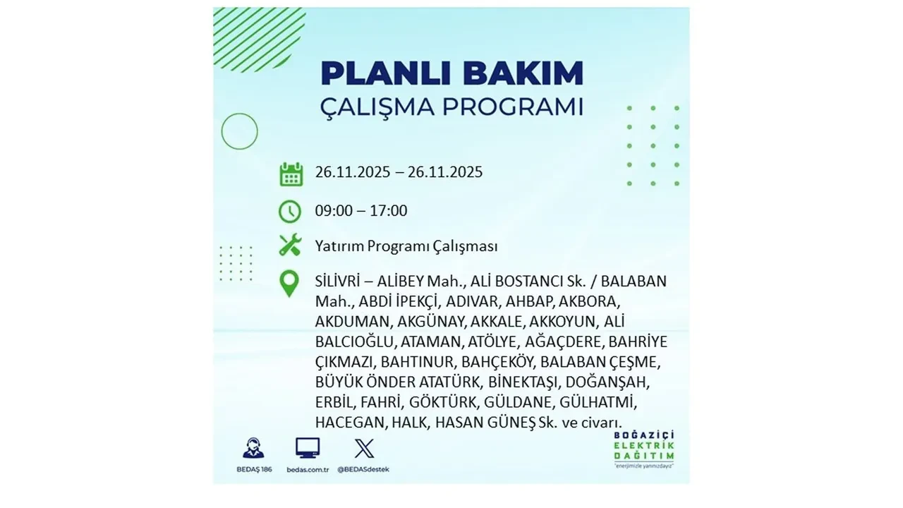 26 kasim 2025 istanbul elektrik kesintisi 