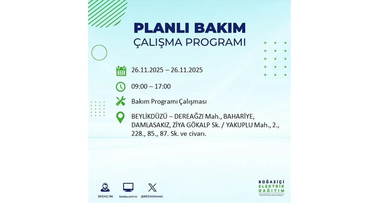 26 kasim 2025 istanbul elektrik kesintisi 
