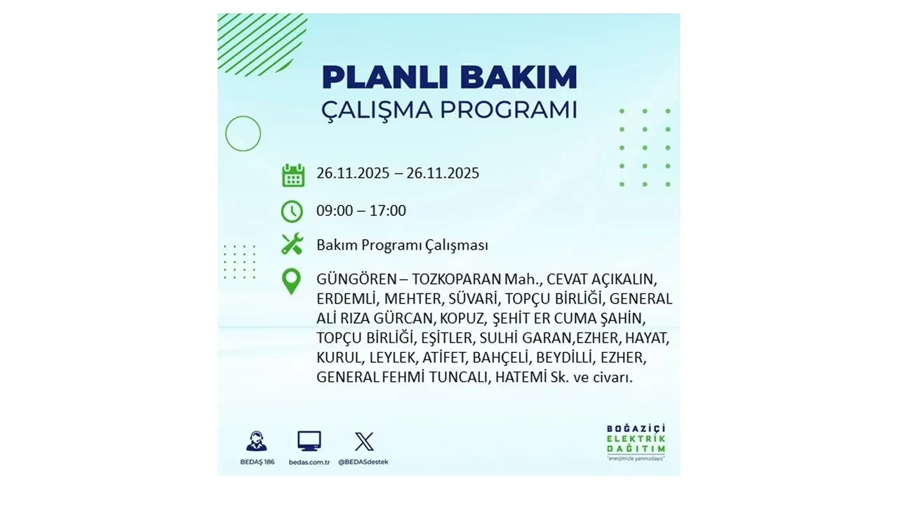 26 kasim 2025 istanbul elektrik kesintisi 