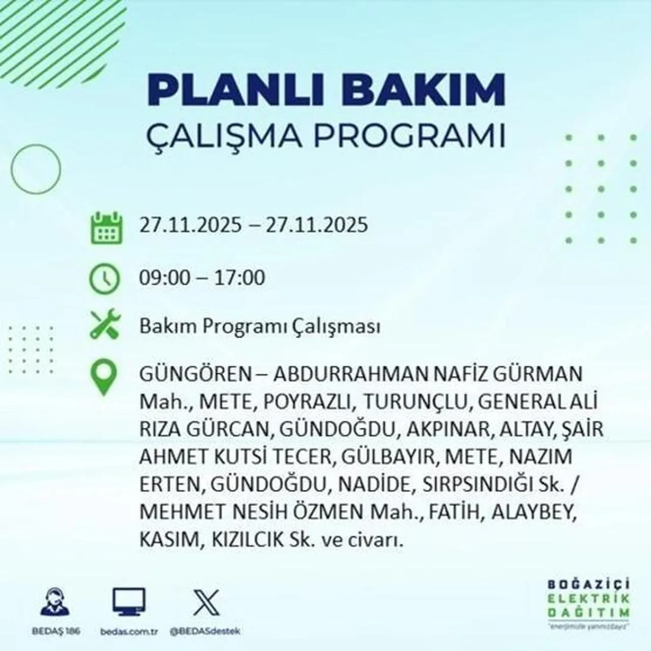 27 Kasım 2025 İstanbul elektrik kesintileri 