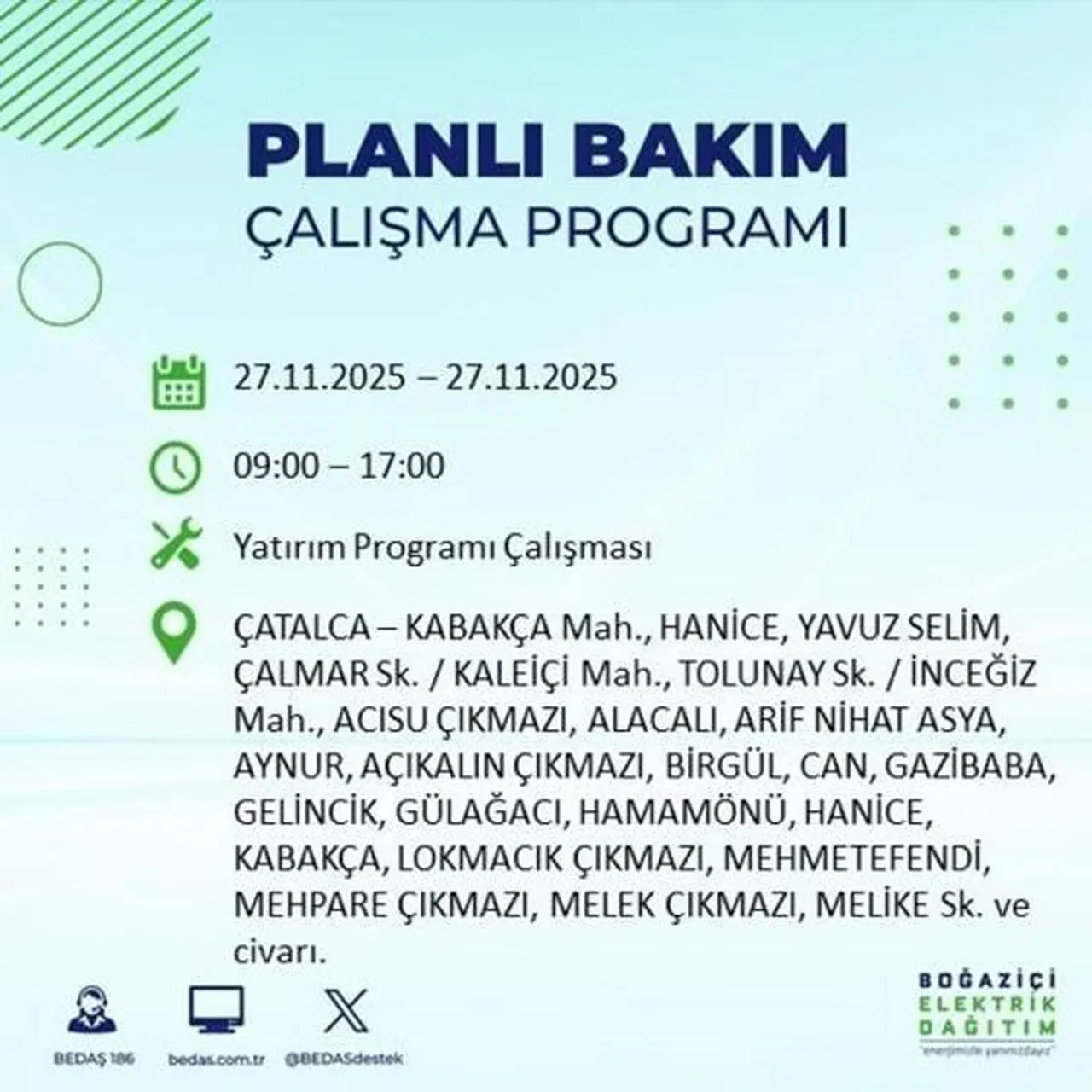 27 Kasım 2025 İstanbul elektrik kesintileri 
