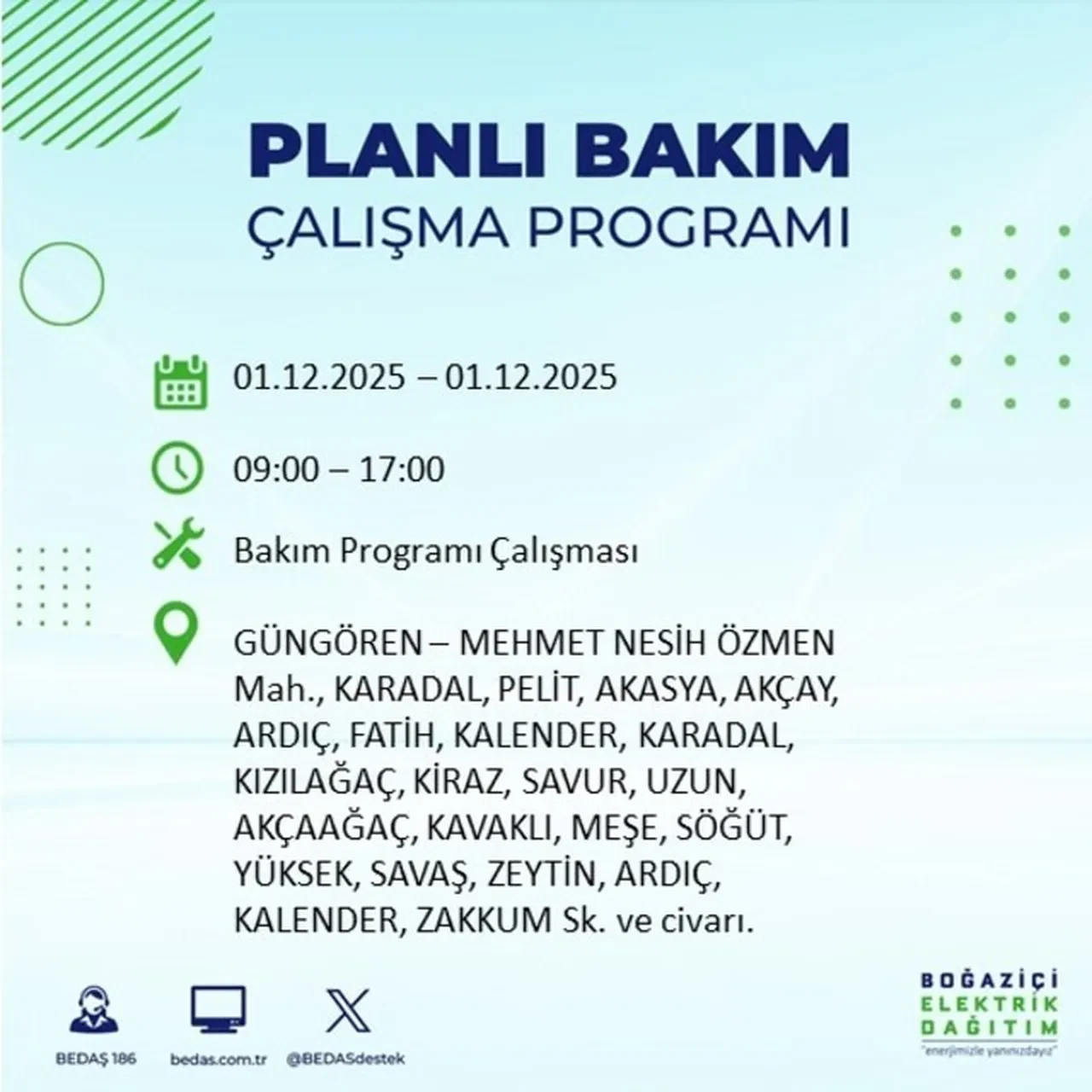 1 Aralık 2025 İstanbul planlı elektrik kesintileri 