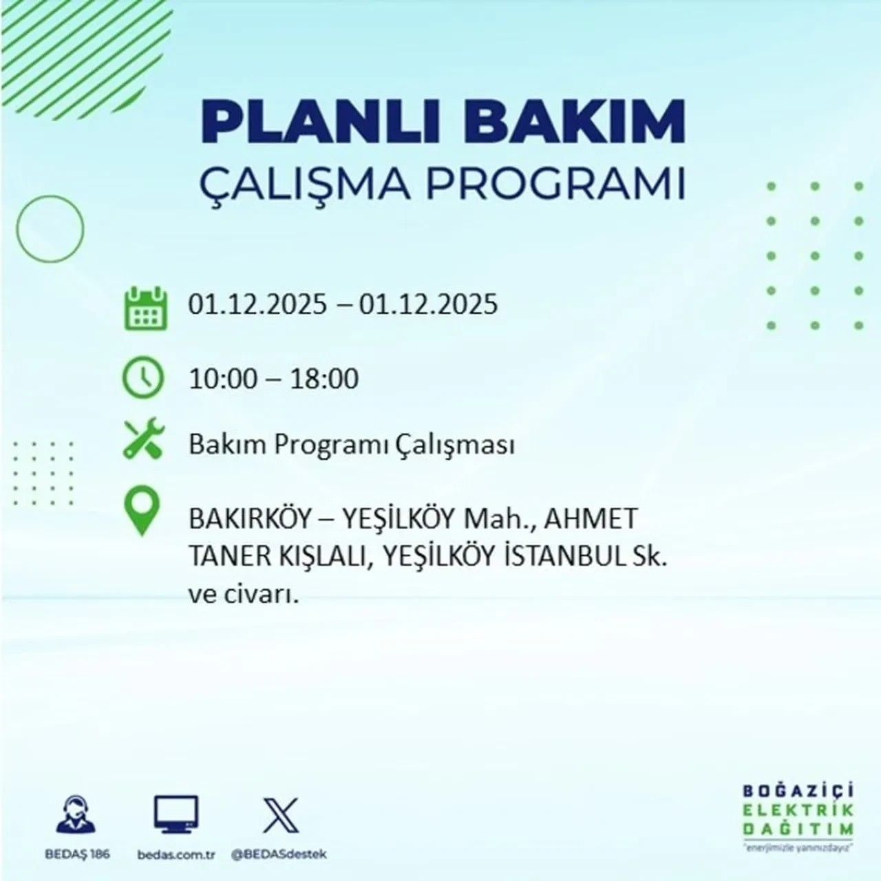 1 Aralık 2025 İstanbul planlı elektrik kesintileri 