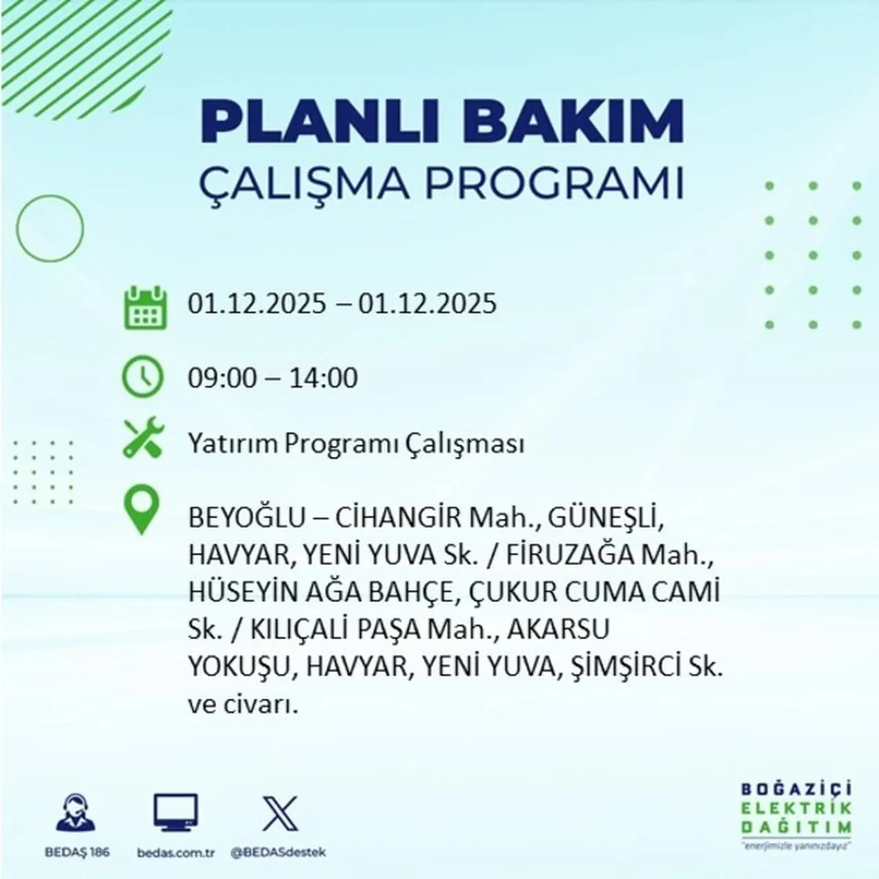 1 Aralık 2025 İstanbul planlı elektrik kesintileri 