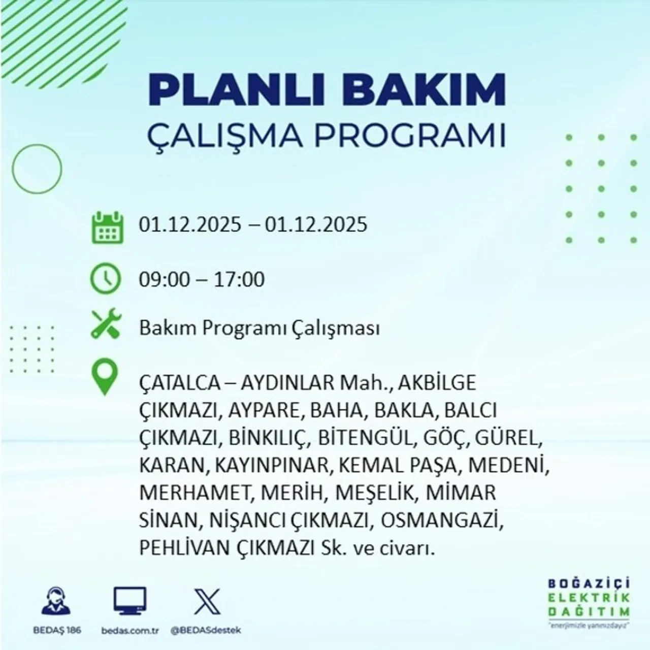 1 Aralık 2025 İstanbul planlı elektrik kesintileri 