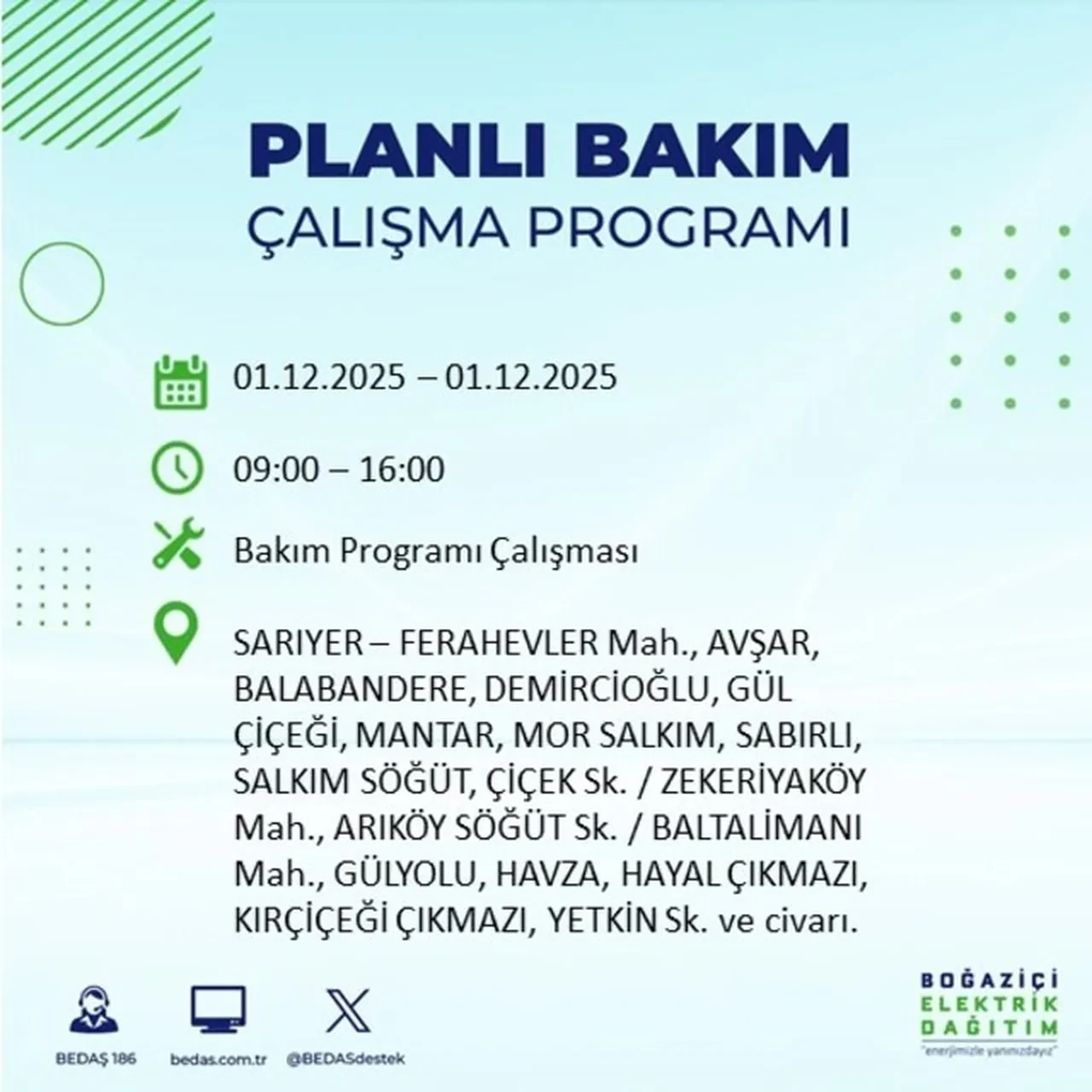 1 Aralık 2025 İstanbul planlı elektrik kesintileri 