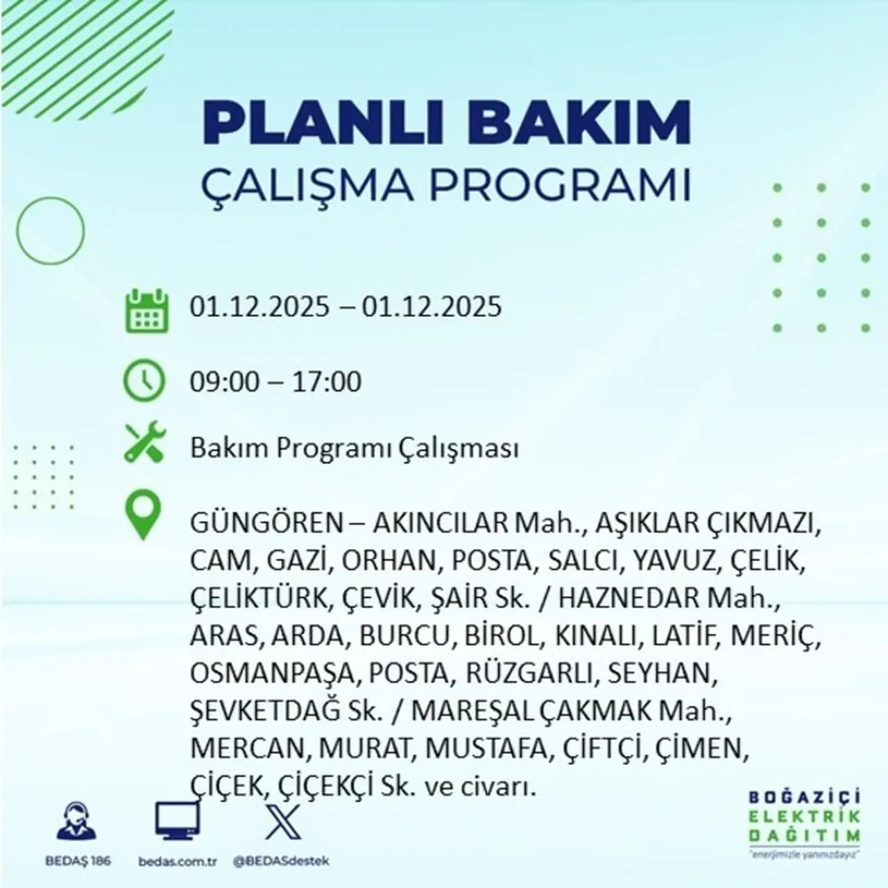 1 Aralık 2025 İstanbul planlı elektrik kesintileri 