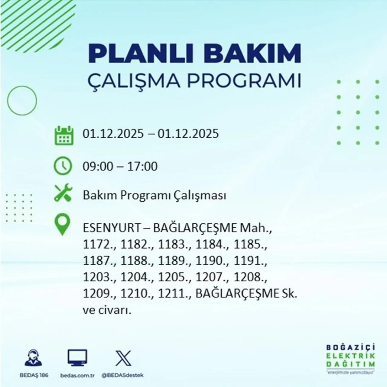 1 Aralık 2025 İstanbul planlı elektrik kesintileri 